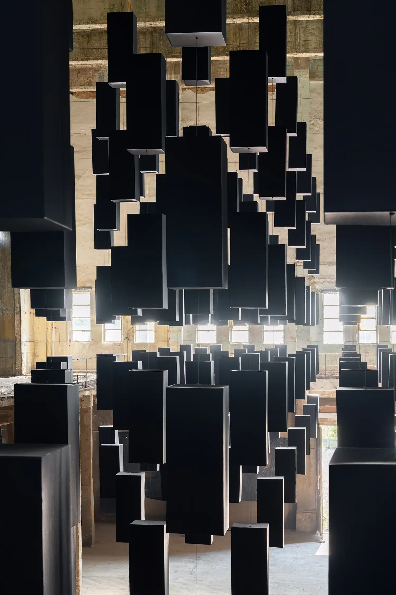 SpY Matriz Installation: Floating Grid Art in Budapest Turbine Factory