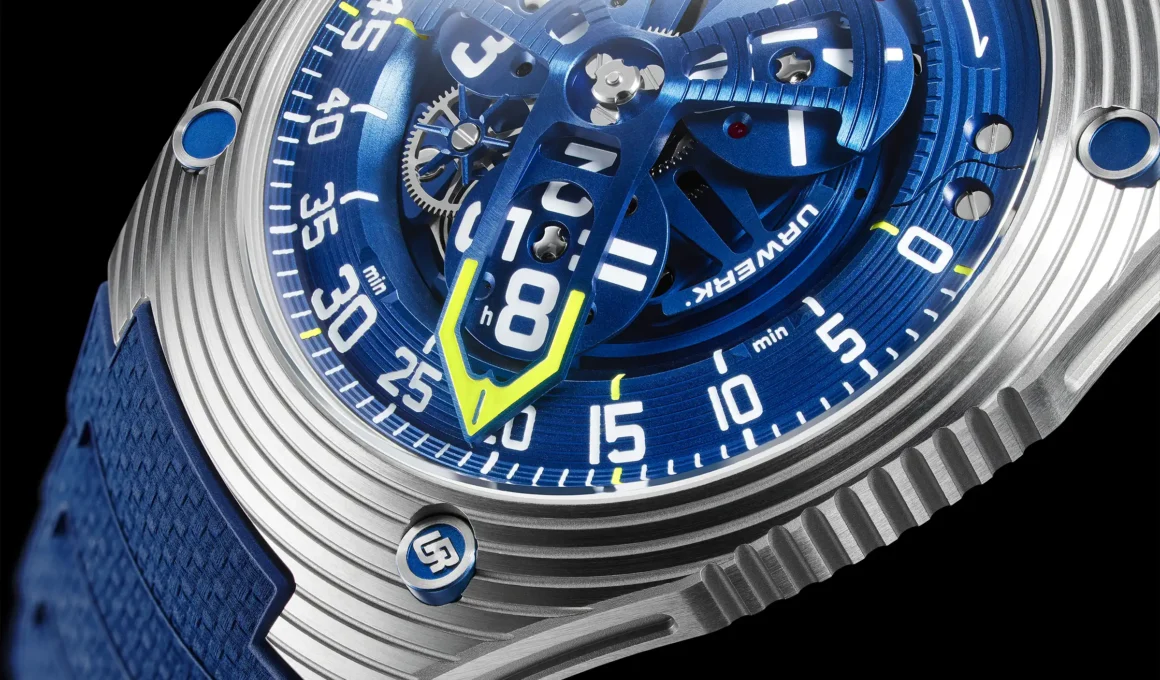 URWERK UR-150 Blue Scorpion kinetic art watch with flying carousel and retrograde minutes hand, showcasing blue ALD coating and satellite complication.