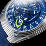 URWERK UR-150 Blue Scorpion kinetic art watch with flying carousel and retrograde minutes hand, showcasing blue ALD coating and satellite complication.