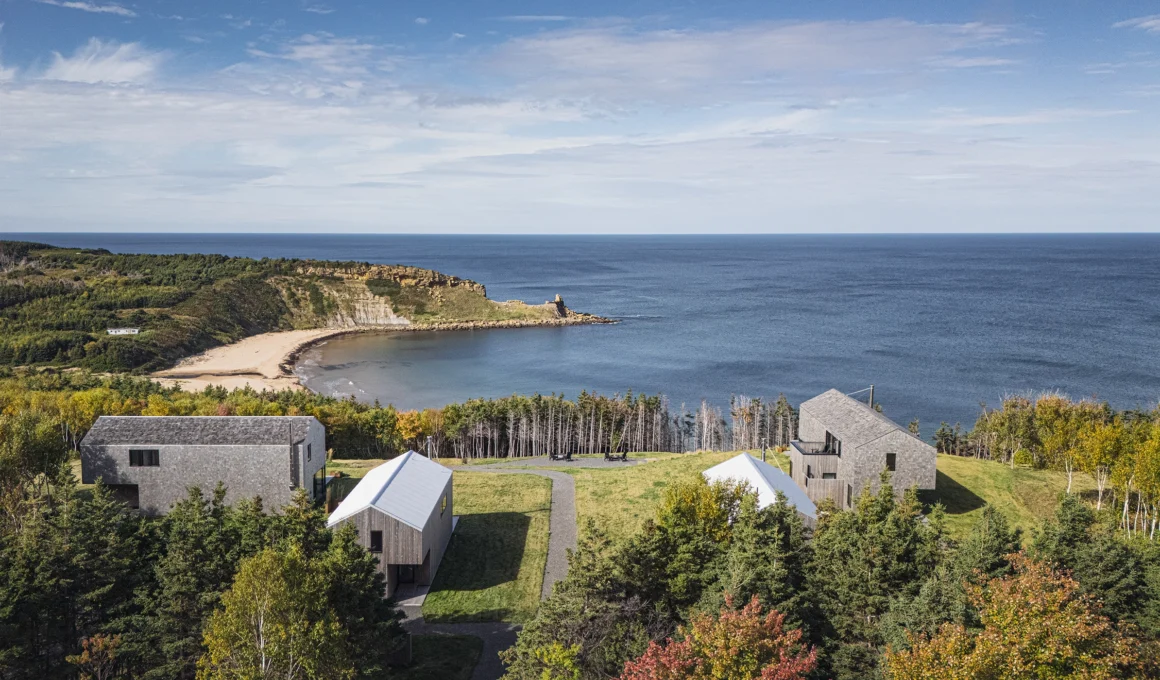 MacKay-Lyons Sweetapple Architects Ridge On The Chimney coastal cabins aerial view Cape Breton Island rental cottages.
