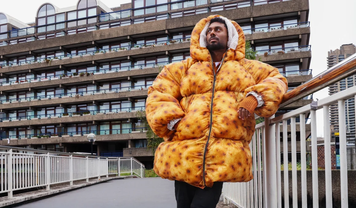 Aldi Jacket Potato Puffer worn by a model, showing the fluffy fleece lining and potato skin inspired outer.