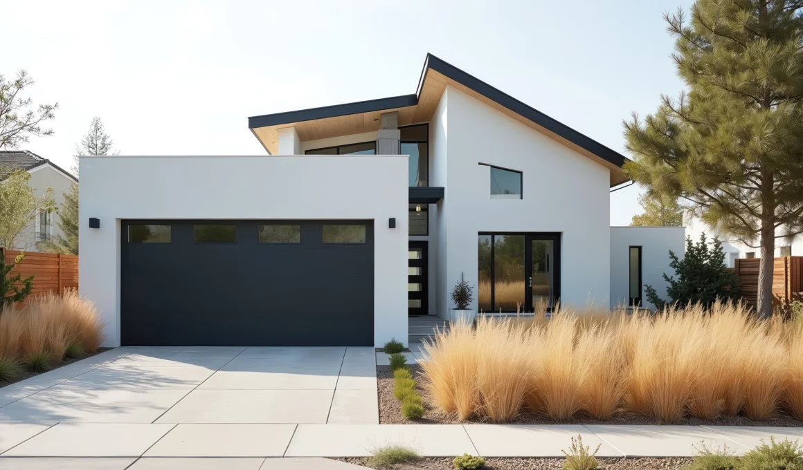 Row of modern Arlington townhomes with street view, focusing on a home with a contemporary glass garage door at sunset.