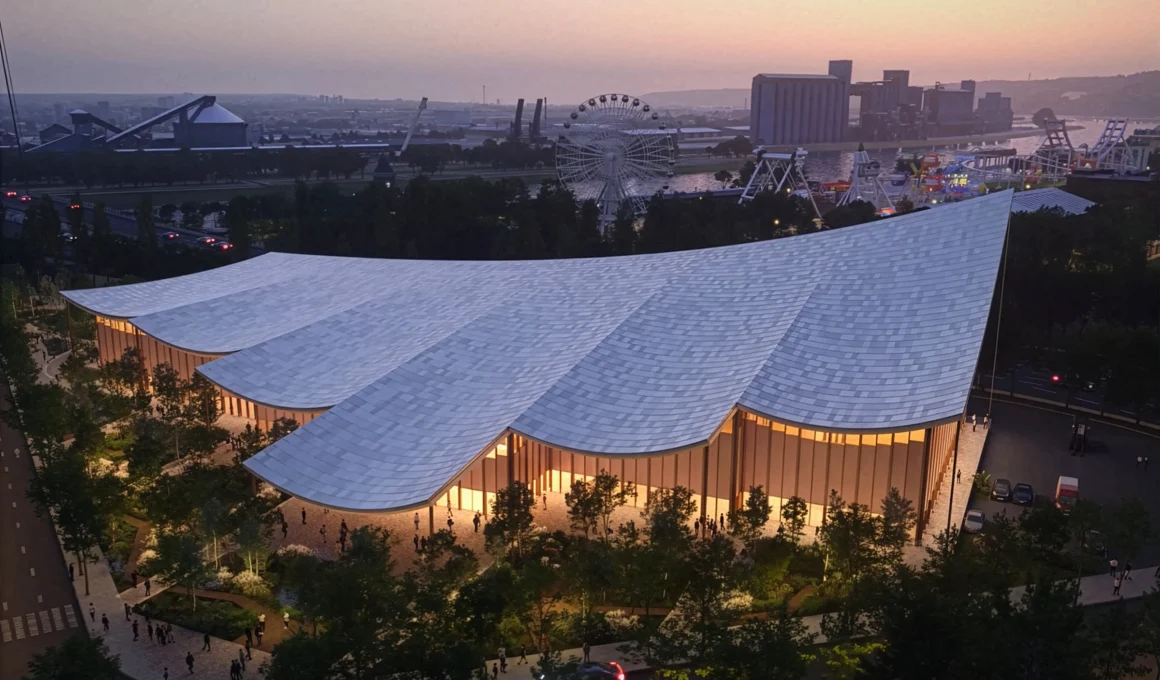 BIG Architects' The Sail Rouen Congress Center timber structure on the Seine Riverfront. Sustainable Passivhaus design.