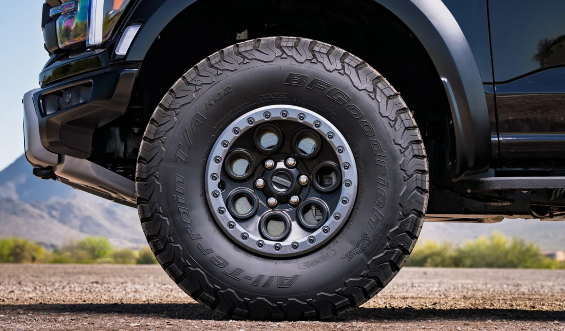 Low-angle shot of a 2024 Ford Raptor's tire and front-end, illustrating diesel and gas performance modification concepts.