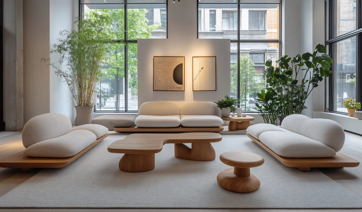 Modern light wood furniture showroom interior with art and plants styling a bright, aspirational living space.