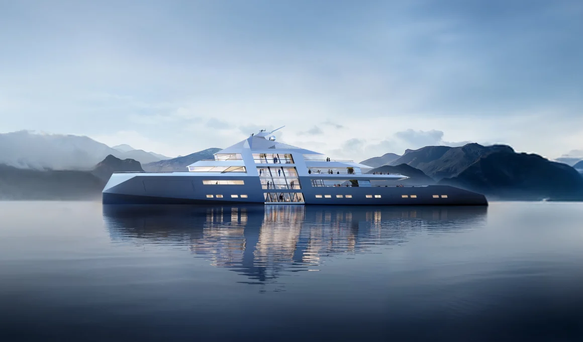 Foster + Partners Outlier I 88-meter megayacht concept profile view at sea from Monaco Yacht Week reveal