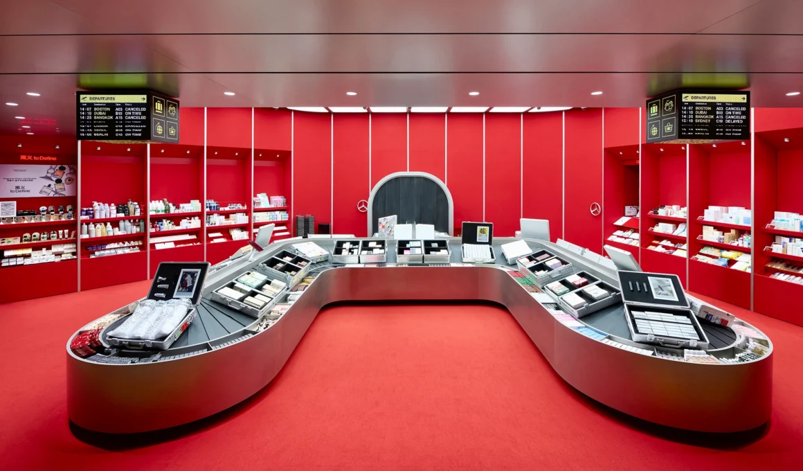 AIM Architecture HARMAY Hongqiao airport retail interior, showing the central red conveyor belt display and monochromatic red walls.