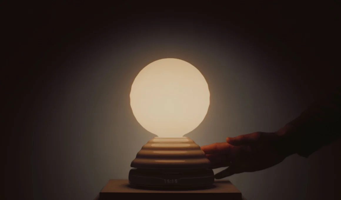 The Wake sleep light by Heatherwick Studio and Tala on a bedside table, featuring hand-spun ceramic body and tactile dial for controlling gentle circadian lighting.