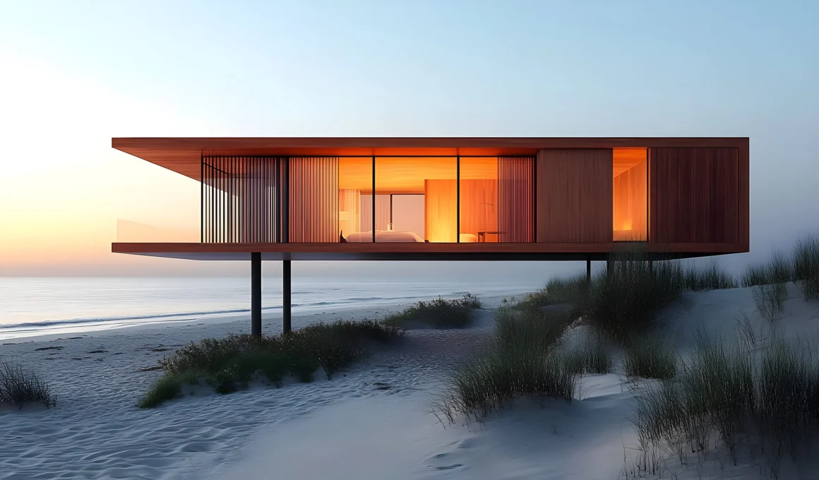 A modern home on sturdy stilts elevated above a sandy beach in a coastal community, demonstrating hurricane-proof construction against a stormy sky.