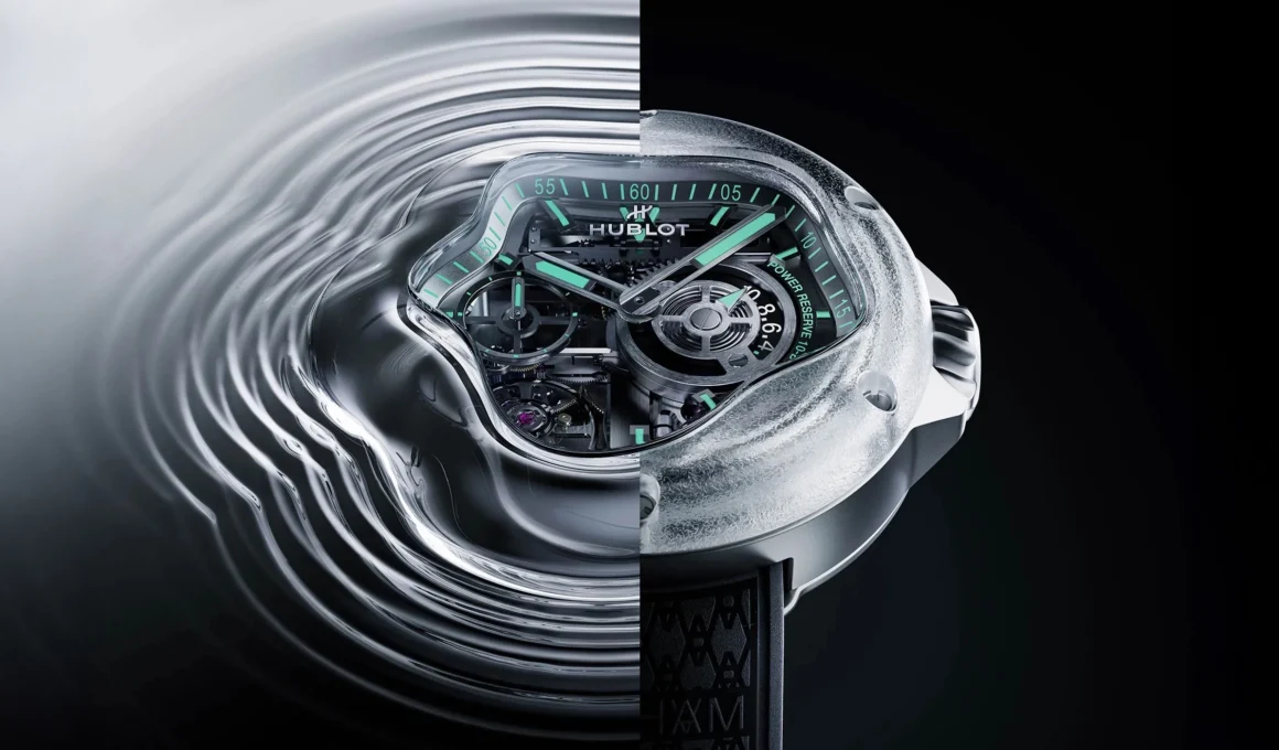 Hublot MP-17 MECA-10 Arsham Splash close-up with frosted sapphire bezel, titanium case, and skeleton watch dial