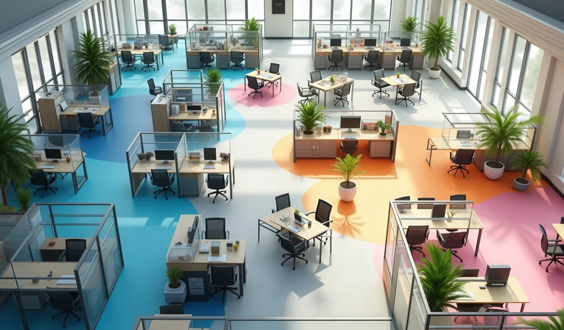 Overhead shot of an innovative collaborative workspace, featuring agile work zones, modular design, and bright, colorful flooring for a dynamic environment.