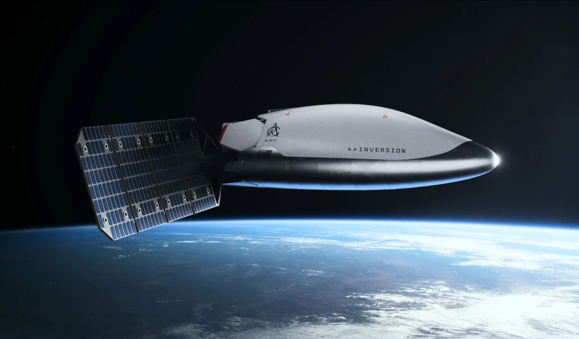 Inversion Arc spacecraft constellation in low-Earth orbit, a space-based delivery vehicle for rapid global logistics and hypersonic reentry.