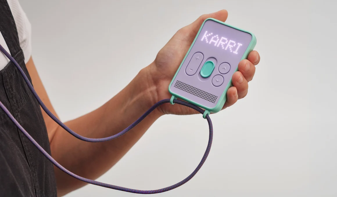 KARRI screenless smartphone (Gen 2) by Pentagram for kids: voice messenger, digital detox, GPS safety.