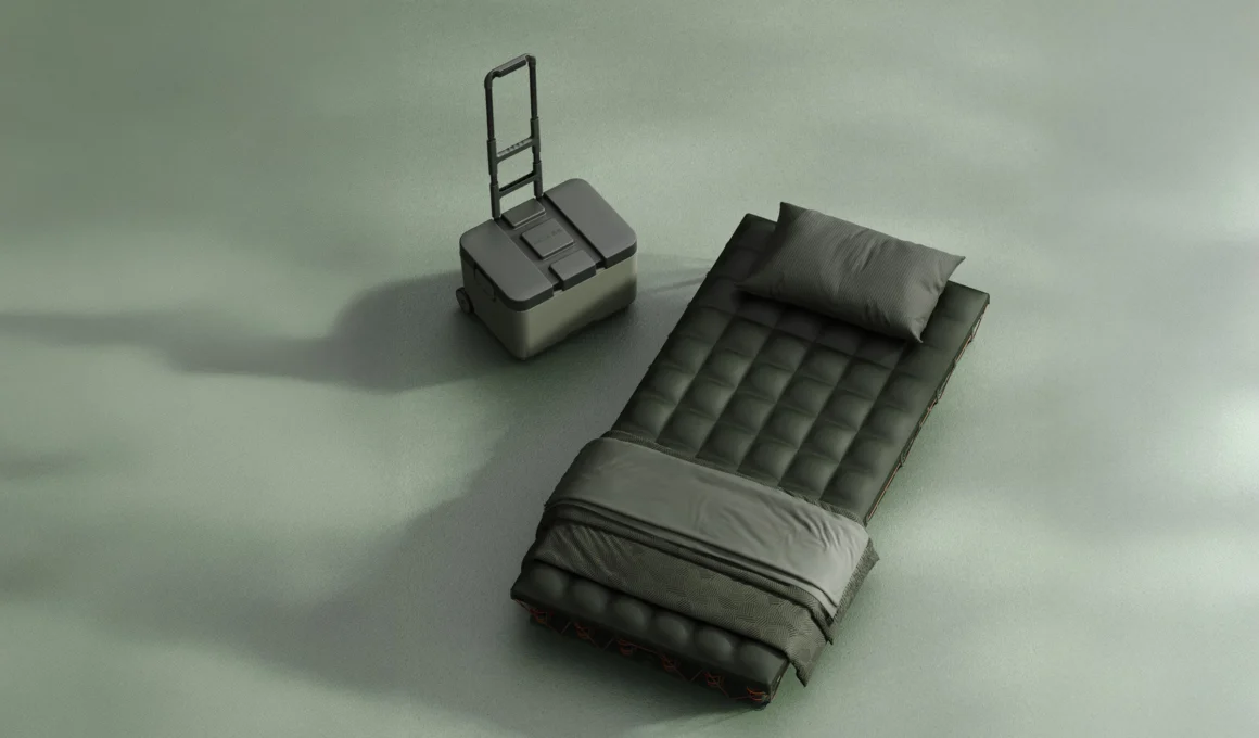 LAYER x MAZZU foam-free camping mattress with modular elastic spring units deployed in a natural environment.
