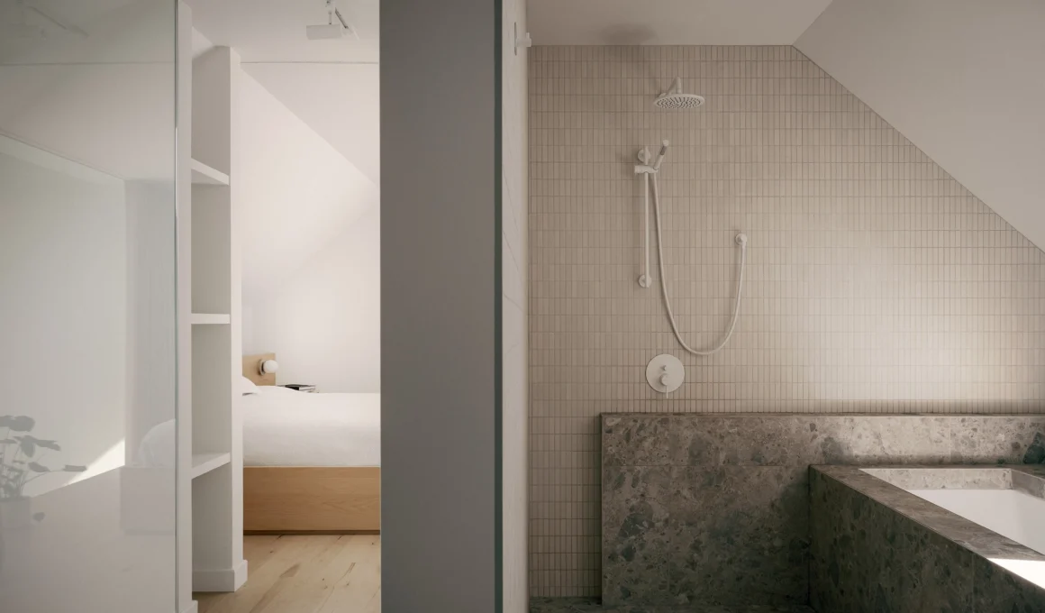 Luxury open-plan ensuite with curbless shower, circadian lighting, and acoustic wood panels for optimal sleep and wellness architecture.