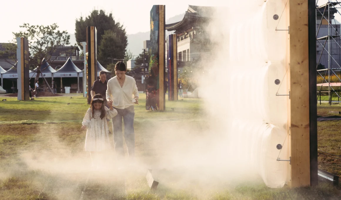 MAD Architects Breathing Cells installation at Seoul Biennale 2025, showing a soft pneumatic membrane facade with glowing light units and water mist.