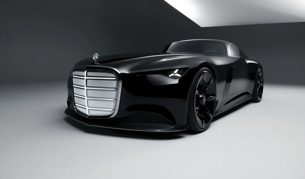 Mercedes-Benz Vision Iconic show car, full front 3/4 view, deep black paint, illuminated iconic grille, and upright star. Art Deco luxury electric vehicle with neuromorphic computing tech.