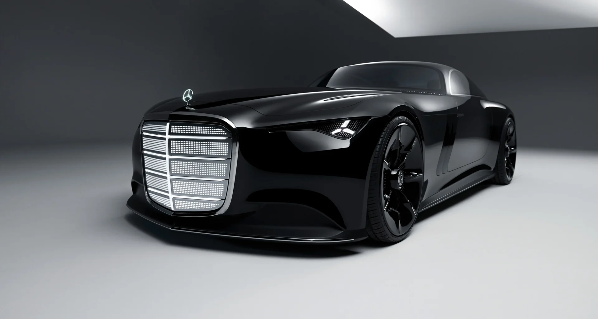 Mercedes-Benz Vision Iconic show car, full front 3/4 view, deep black paint, illuminated iconic grille, and upright star. Art Deco luxury electric vehicle with neuromorphic computing tech.