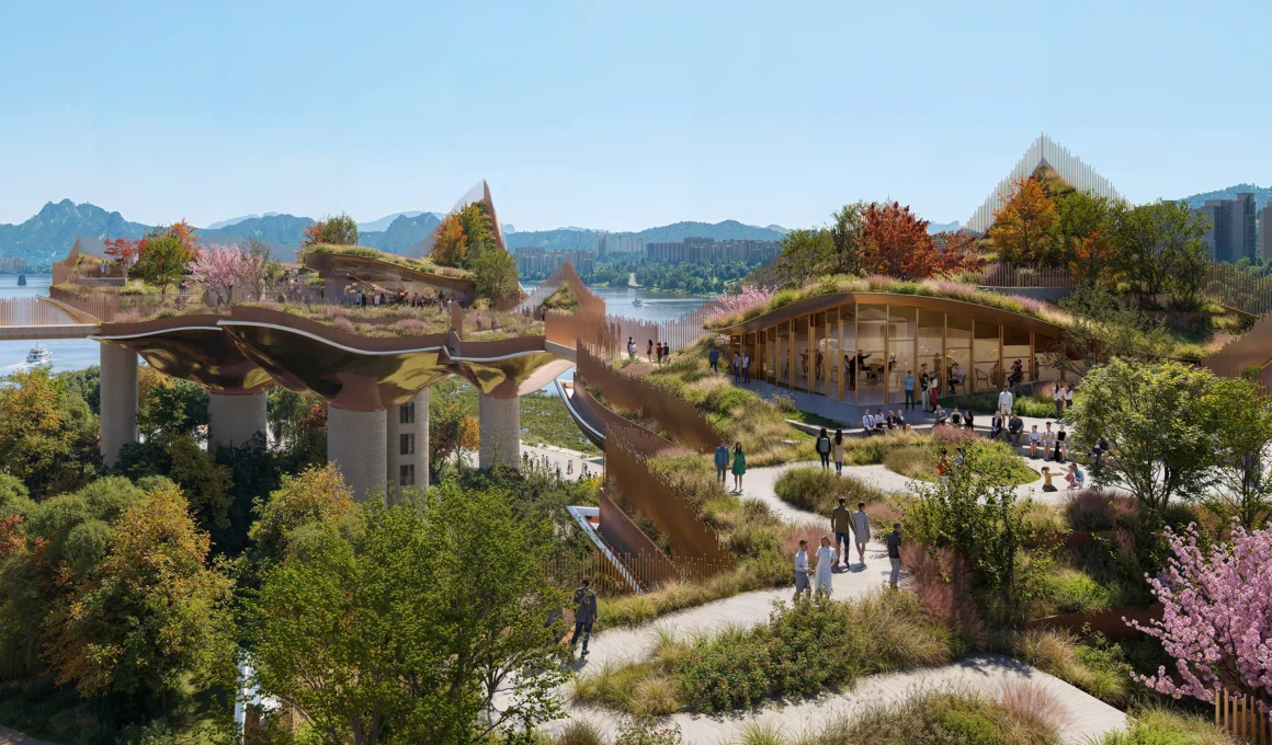 Heatherwick Studio Soundscape rendering: Aerial view of the new Nodeul Island architecture in Seoul, showing the floating pedestrian trail and cultural spaces along the Han River.