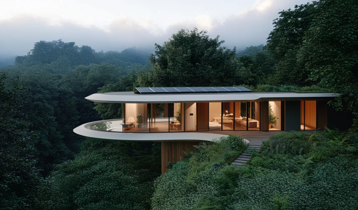 Modern, energy-efficient Passivhaus (Passive House) home nestled in a forest landscape, illustrating sustainable design.