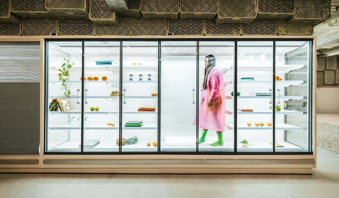 Recycled plastic crate ceiling in Plastic Box supermarket, Port of Pollensa, Majorca by Minimal Studio