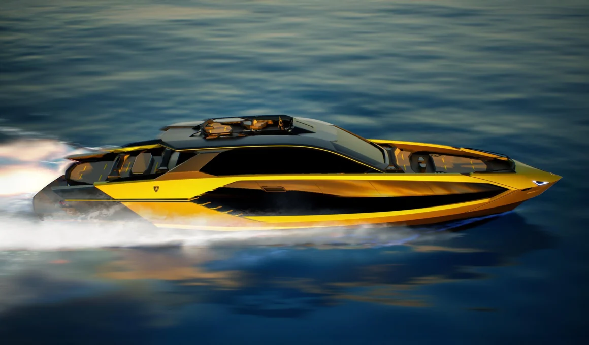 Tecnomar Lamborghini 101FT yacht side view Giallo Crius luxury performance speed