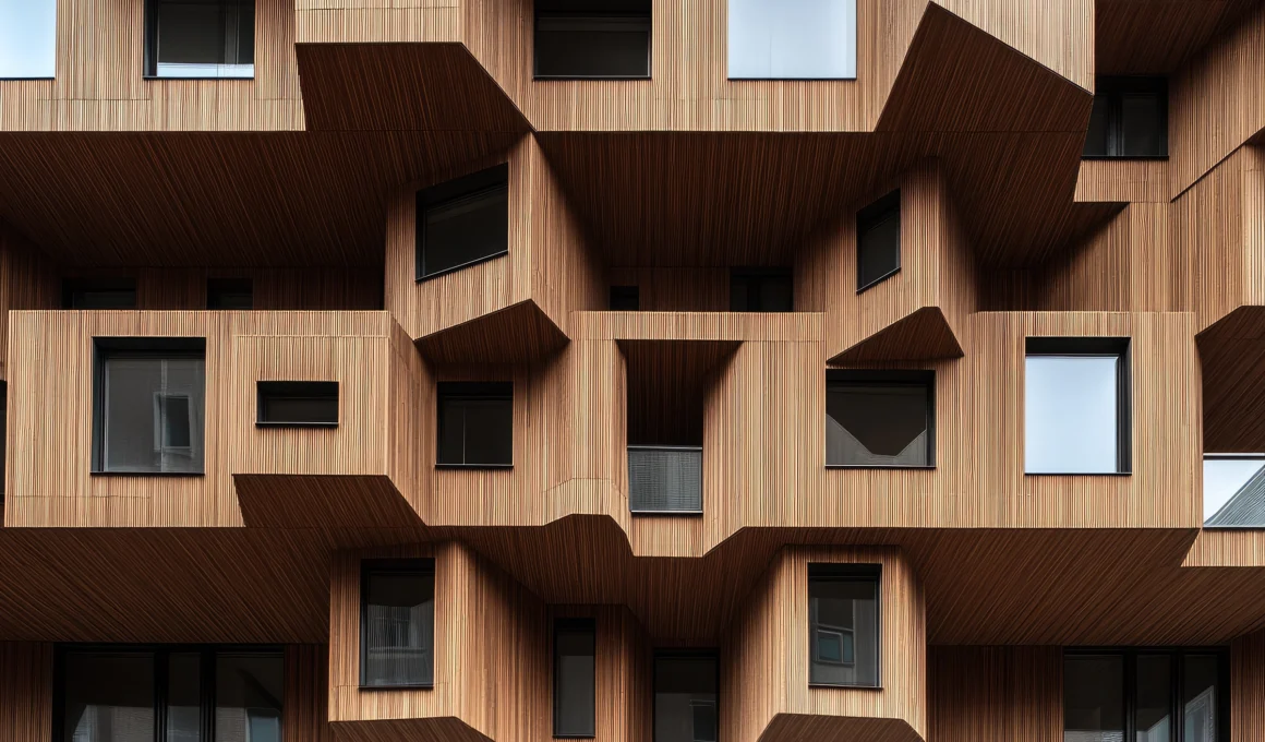 UC4 pressure-treated timber abstract facade with overlapping wooden panels and architectural windows demonstrating outdoor wood construction