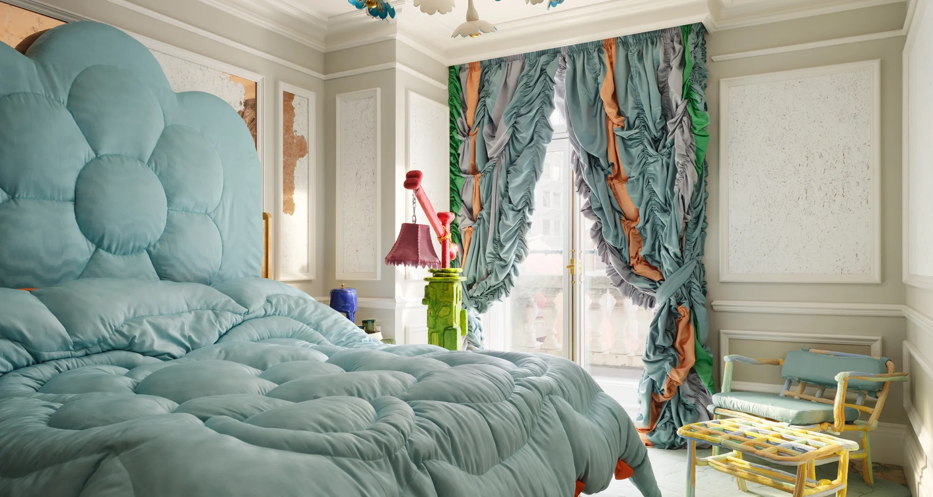 Uchronia Pantone Celadon Suite at Mandarin Oriental Hyde Park London; Luxury Interior Design Bedroom with custom Celadon Green textiles and extruded plastic furniture.