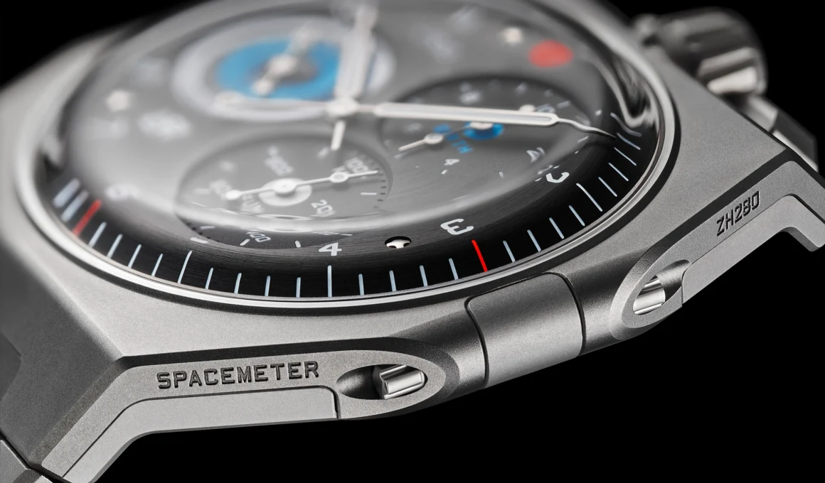 URWERK UR-10 SpaceMeter watch displaying three astronomical counters and analog hands for measuring Earth's rotation and solar orbit in kilometers.