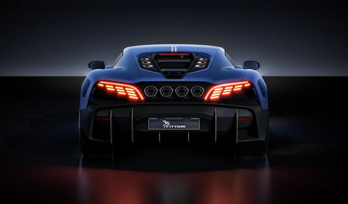 VITTORI Pininfarina hybrid hypercar rear view active wing Italian design
