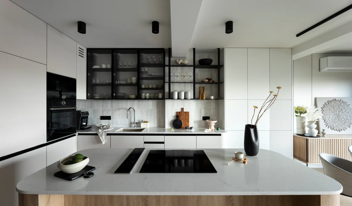 Modern White Kitchen Cabinets Design with Marble Countertops and Natural Light