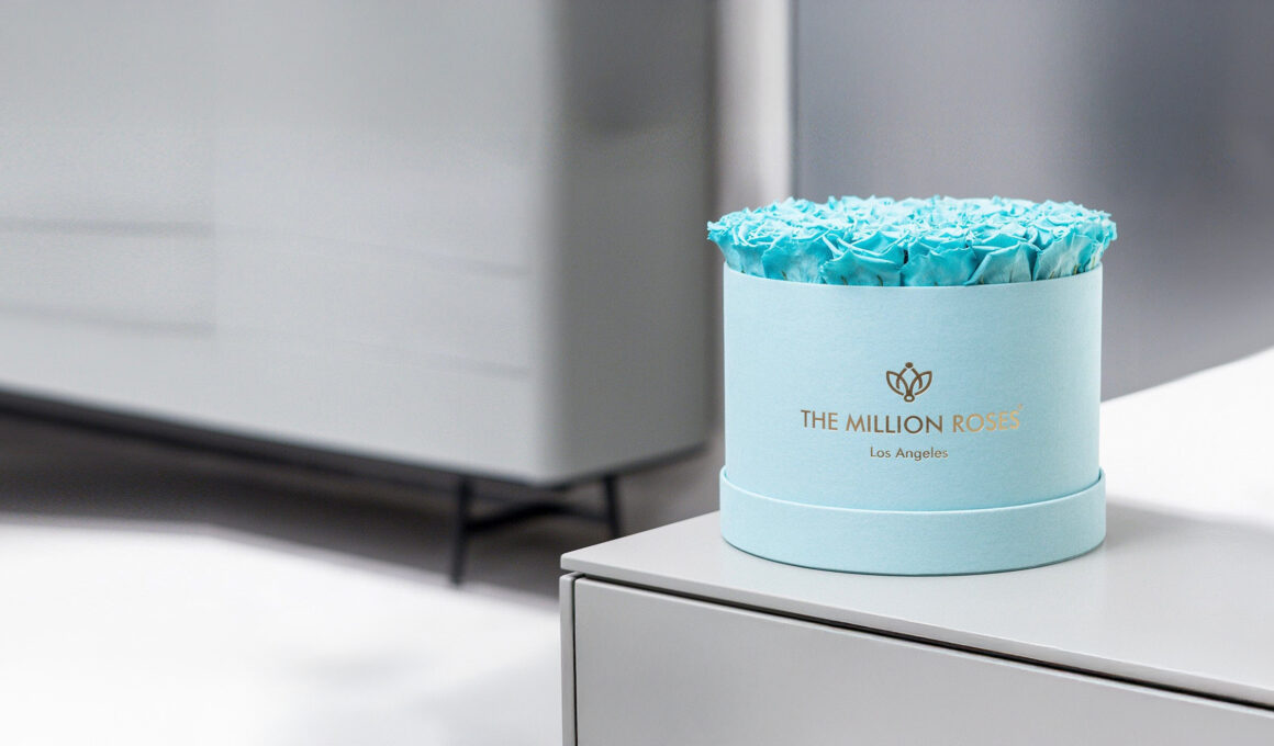 Close-up of preserved roses in a light blue bouquet box, perfect maintenance-free floral decor for a modern home or office.