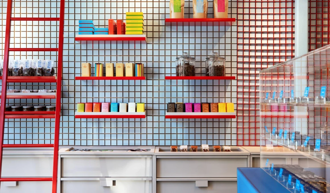 ADHOC modular grid display for Les Chocolats de Chloé Montreal, focusing on flexible, artisanal retail design.