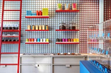 ADHOC modular grid display for Les Chocolats de Chloé Montreal, focusing on flexible, artisanal retail design.