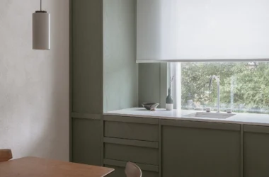 Architecture for London Highbury Flat bespoke kitchen refurbishment with green ash veneer cabinets and Caesarstone Misty Carrera worktops in Islington N5.