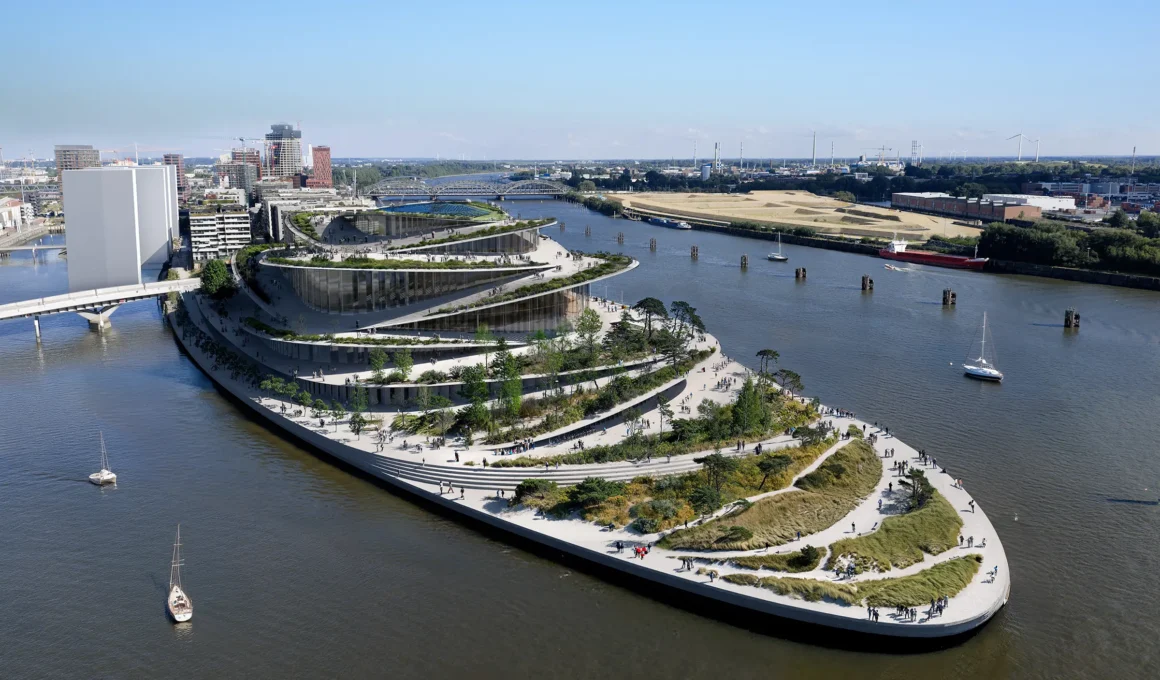 BIG Hamburg State Opera architectural design, concentric terraced public park on HafenCity waterfront.
