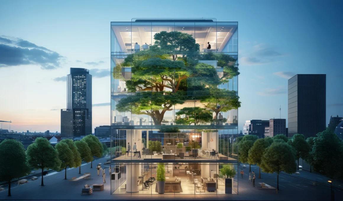 Modern eco-friendly building in city with bioclimatic design elements.