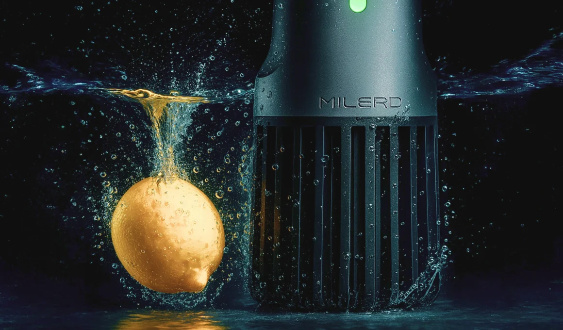 Milerd Detoxer ultrasonic food cleaner with lemon in water, removing pesticides and bacteria for healthy home food safety