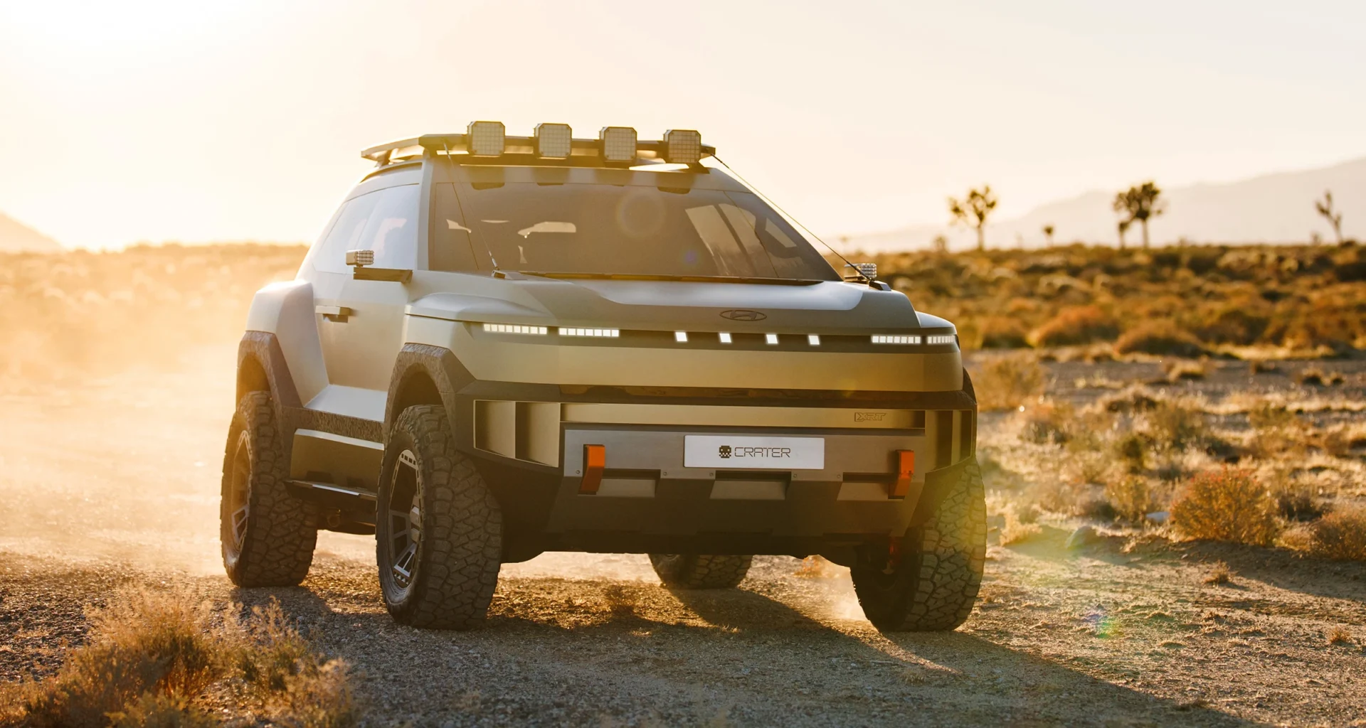 Hyundai CRATER Concept compact off-road SUV debut at AutoMobility LA 2025 showing Dune Gold Matte exterior finish and 33-inch off-road tires.