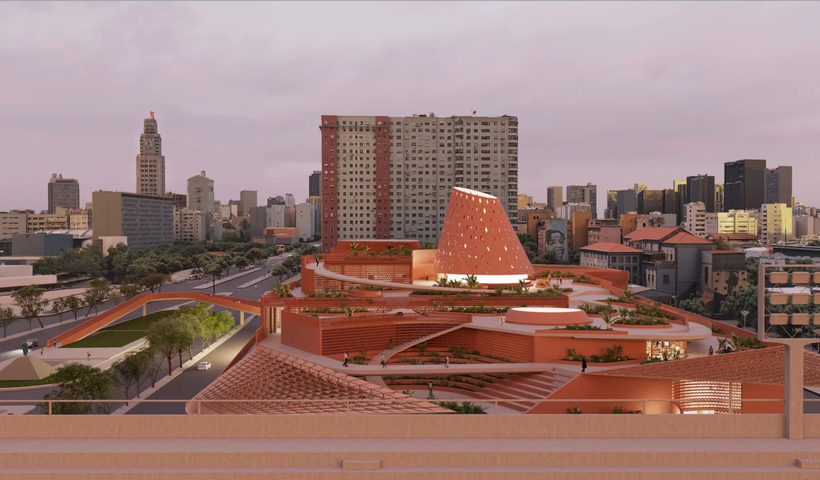 Biblioteca dos Saberes view from Sambódromo showing Kéré Architecture's perforated facade public library in Rio de Janeiro