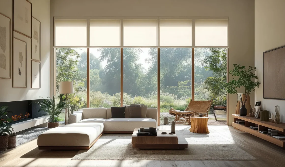 Motorized roller blinds and solar shades installed in a minimalist Scandinavian living room with bright natural light, emphasizing energy-efficient and cord-free smart home design.