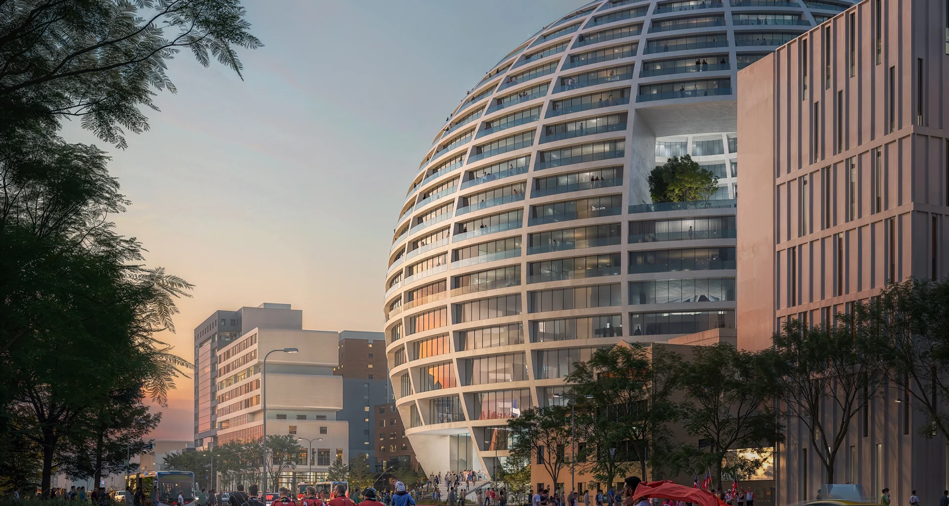 MVRDV Grand Ballroom spherical mixed-use building in Tirana, Albania at night, showing apartments, hotel, and arena.