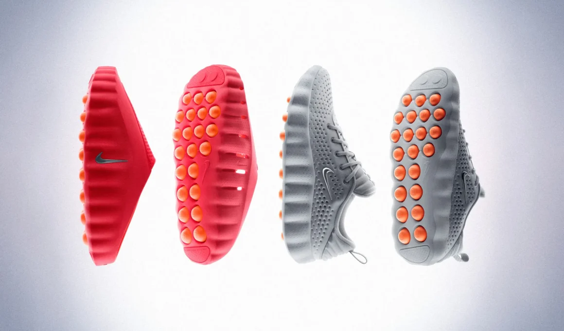 Nike Mind 001 mule and Mind 002 sneaker side-by-side, showcasing neuroscience-based footwear technology and the 22 independent foam nodes in the sole.