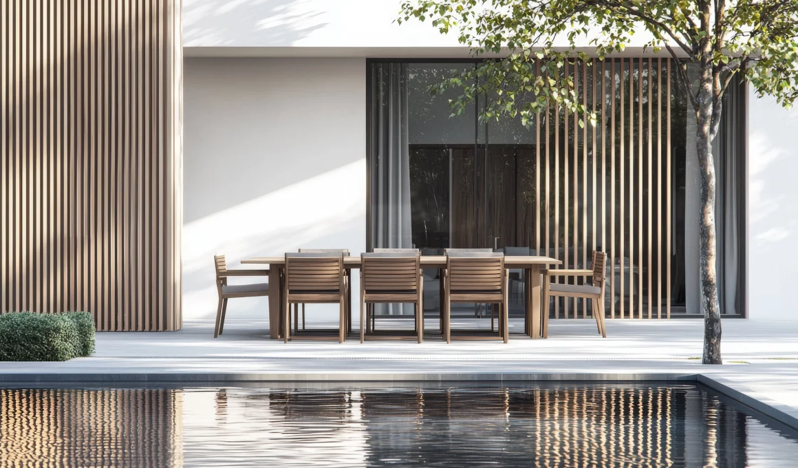 Modern minimalist villa backyard with outdoor bar, wooden sun loungers by pool, and dining area on sunny day.