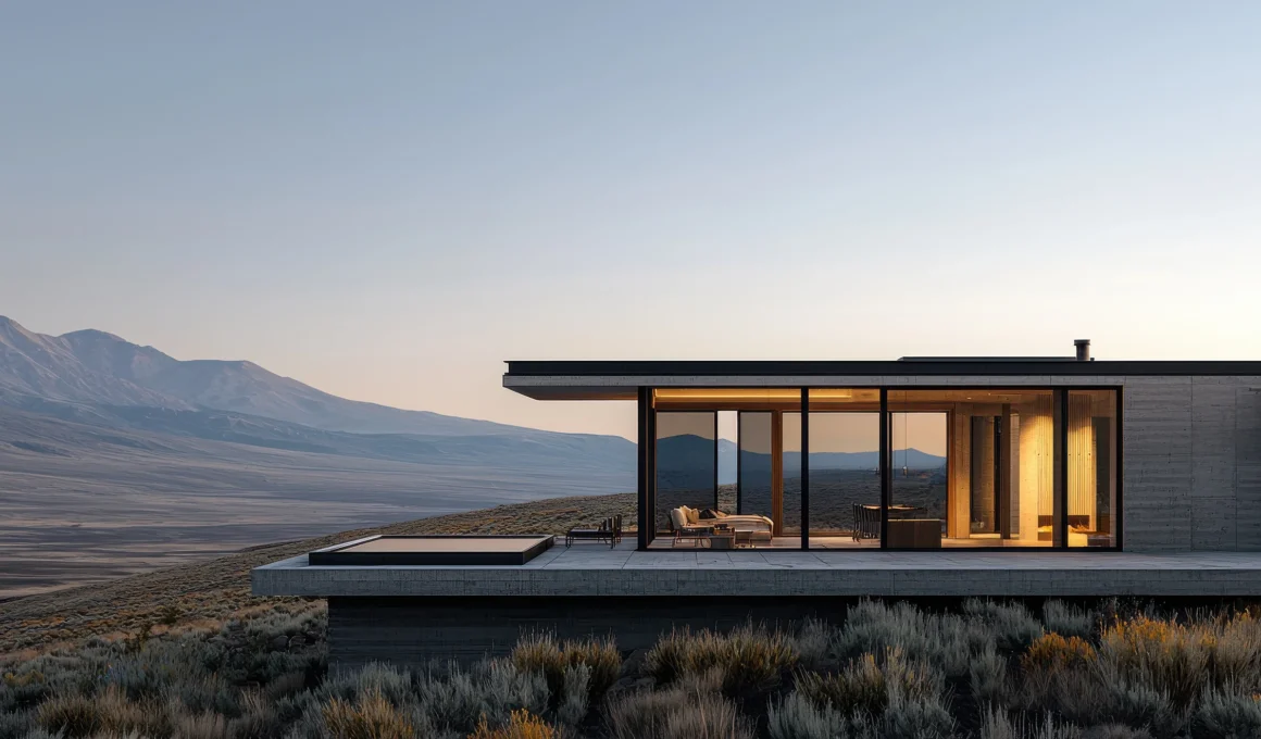 Minimalist home using passive heating and cooling systems: large south-facing windows for solar gain.