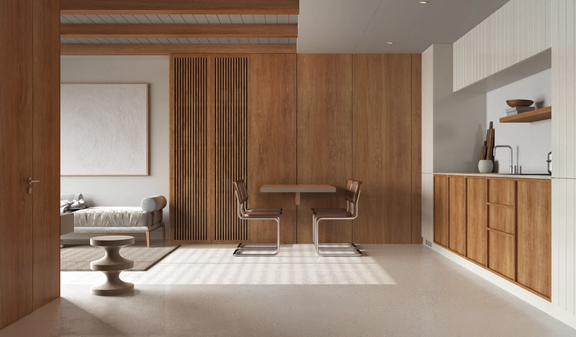 Japanese kitchen design with microcement flooring, minimalist aesthetic, modern concrete floor texture