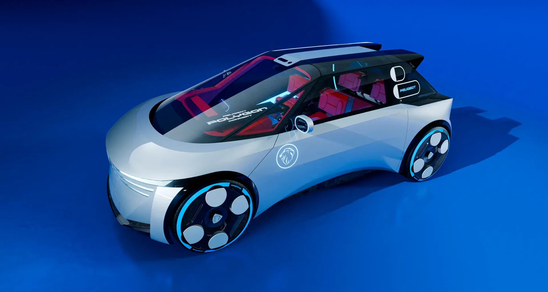 Peugeot Polygon Concept 3/4 front view showcasing the geometric design, bold road presence, and new Micro-LED three-claw light signature.