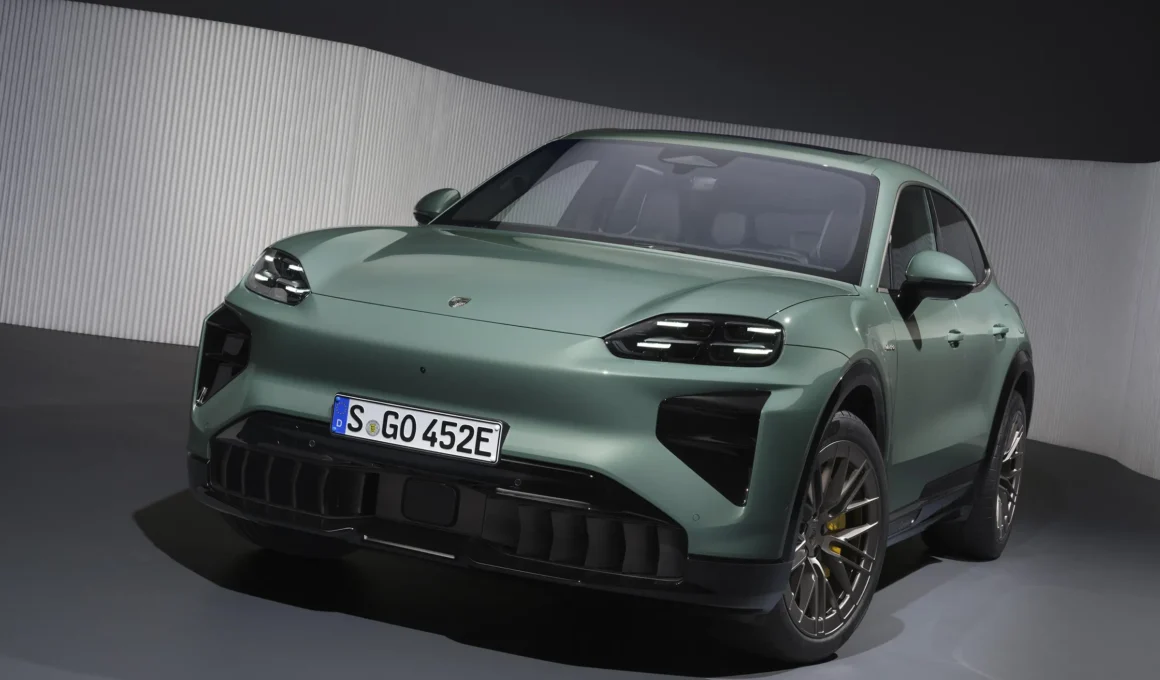 Porsche Cayenne Electric front view, Matrix LED headlights, luxury electric SUV design