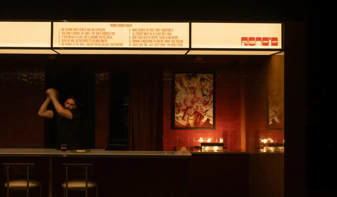 Reno's Bistrot hospitality interior design by RADS in Adelaide CBD featuring high gloss timber and '70s Italian futurism style.