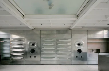 Salt Salon London Listening Room with roboformed metal speaker wall, Unknown Works design, galvanized steel, Borough Market interior.